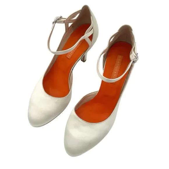 D. Lacquaniti white Satin d'Orsay Mary Jane heels Sz 37 Bridal Luxury Designer - Picture 7 of 11